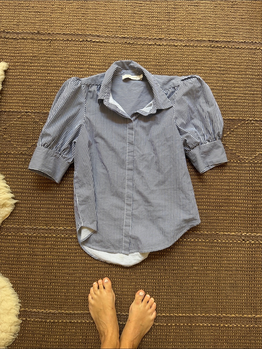 bishop + young Navy and White Pinstripe Puff-Sleeve Blouse